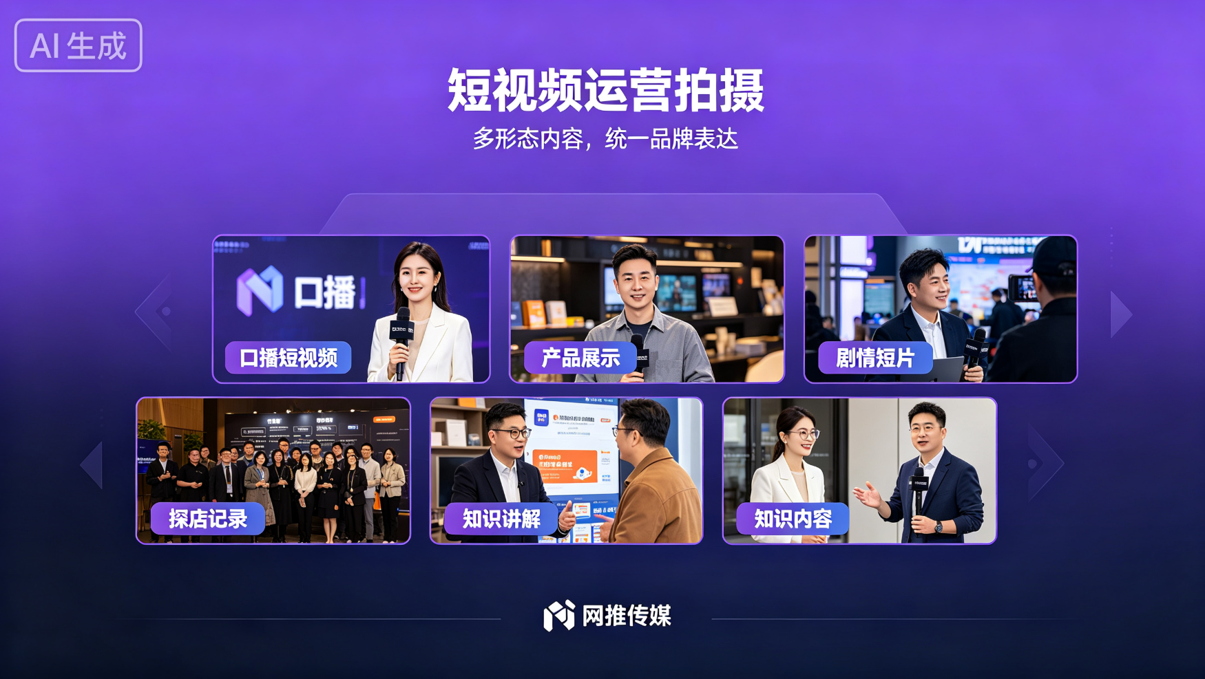 网推传媒短视频运营服务宣传图 - 展示团队工作场景与视频成果